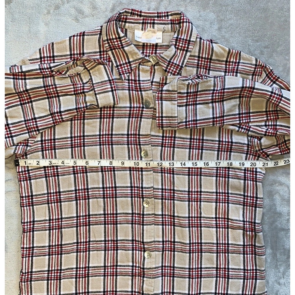 Plaid Linen Blend Button Up Top Women's Size L Tan Red Long Sleeve Susan Graver - Picture 4 of 7